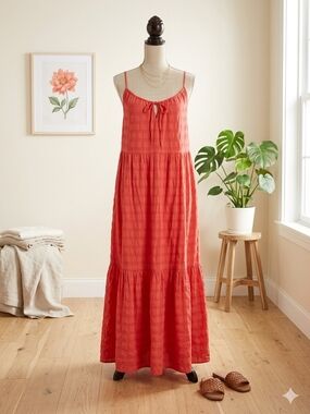 Old Navy Coral Red Tie-Front Spaghetti-Strap Tiered Maxi Dress